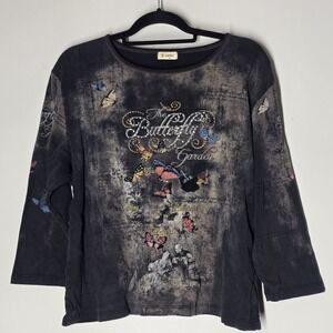 Vtg Cactus Sz 1X T-Shirt Top Rhinestone  Y2K Butterfly Garden 3/4 Sleeve Fairy